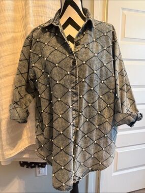 Pearl-Studded Grey Denim Button-Down Shirt